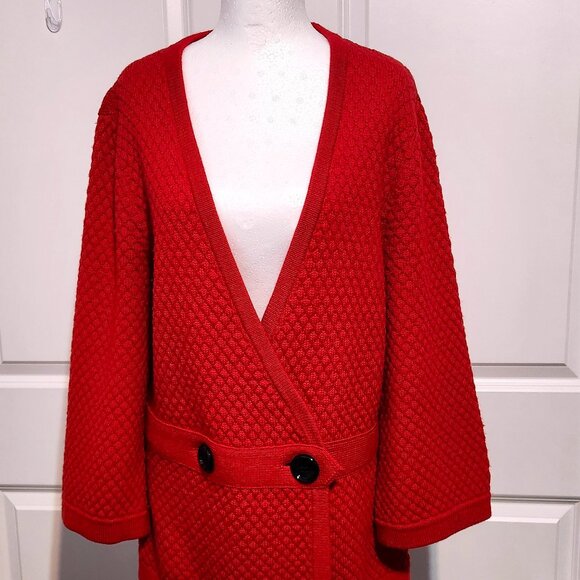 Anne Klein Merino Wool Cardigan Sweater Large Women's Red Textured Knit V Neck - Picture 1 of 12